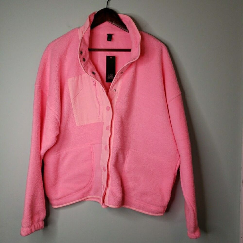 Wild Fable Sherpa Fleece Snap Up Jacket Neon Pink Oversized Womens Size Large